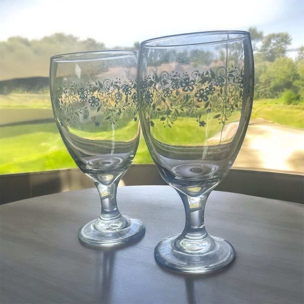 Libbey Spring Floral Goblets Vintage 7” Water Tea Glasses Blue Easter Drinkware